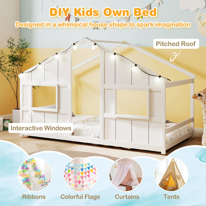 Twin Size House Bed With LED Lights, Montessori Floor Bed, White Toddler Beds at Gallery Canada