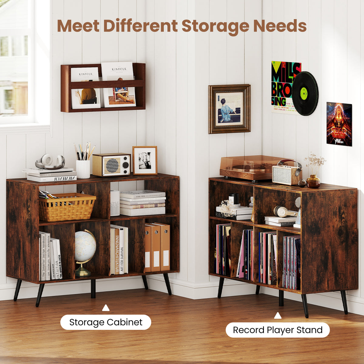 Record Player Stand With Charging Station, Open Shelves, Rustic Brown End & Side Tables at Gallery Canada
