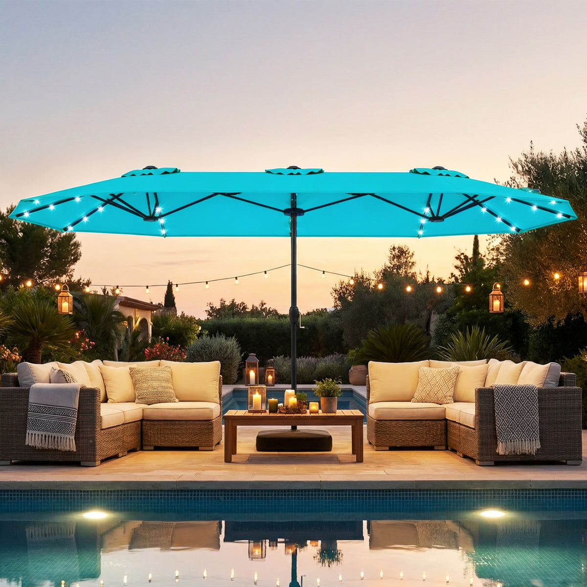 13FT Double-Sided Patio Umbrella, Solar Lights, Turquoise Outdoor Umbrellas at Gallery Canada