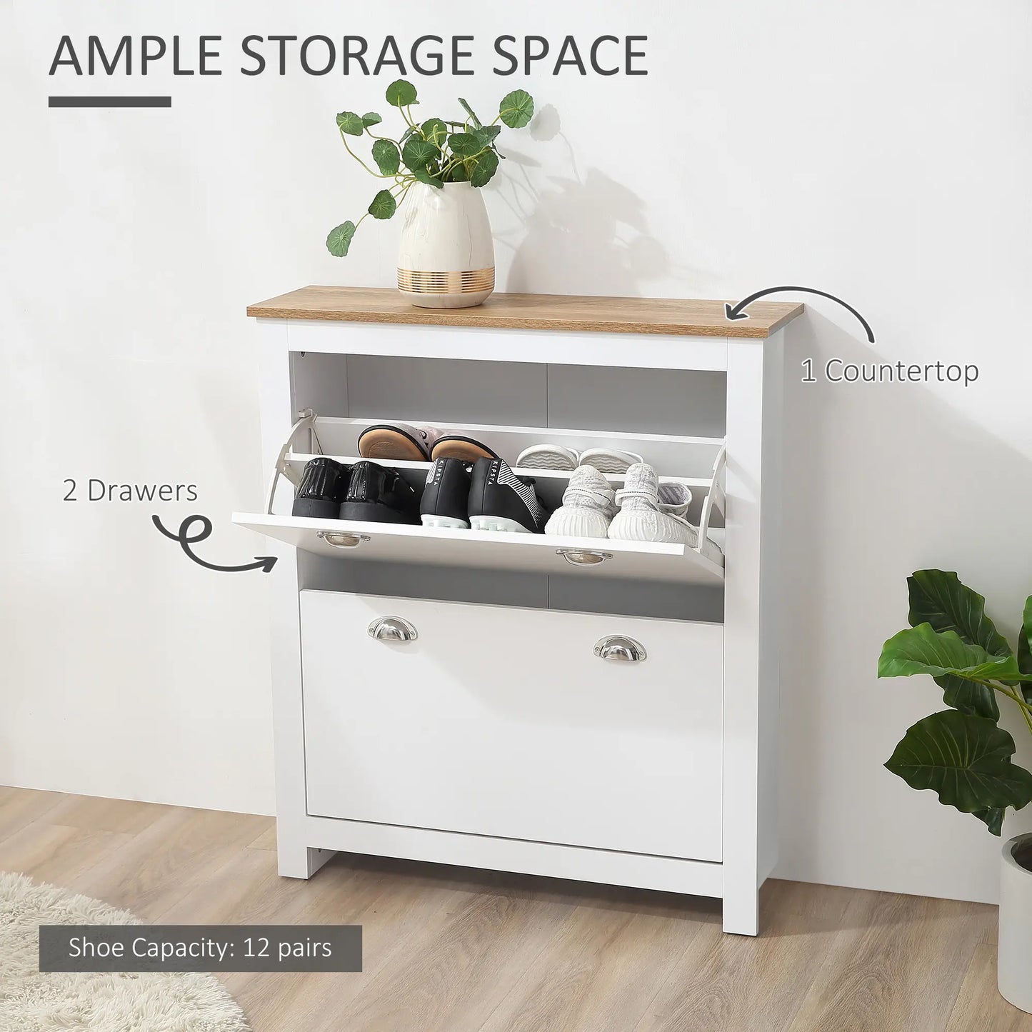 Entryway Shoe Cabinet, 2 Flip Drawers, Adjustable Shelves, 12 Pair, White Shoe Storage Cabinets & Racks at Gallery Canada