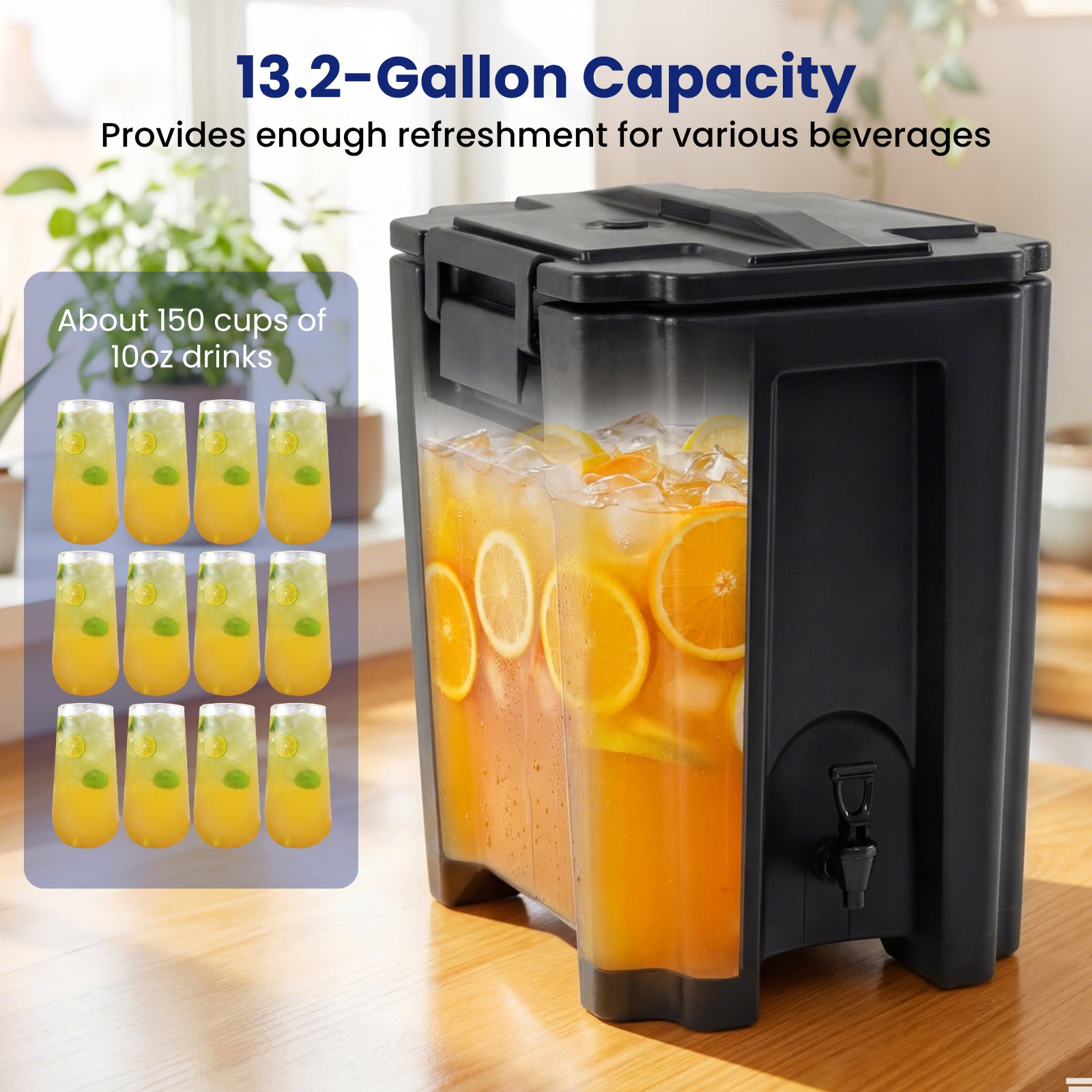 13.2 Gal Insulated Beverage Dispenser, Two-Stage Faucet, 4 Pieces, Black Water Dispensers at Gallery Canada