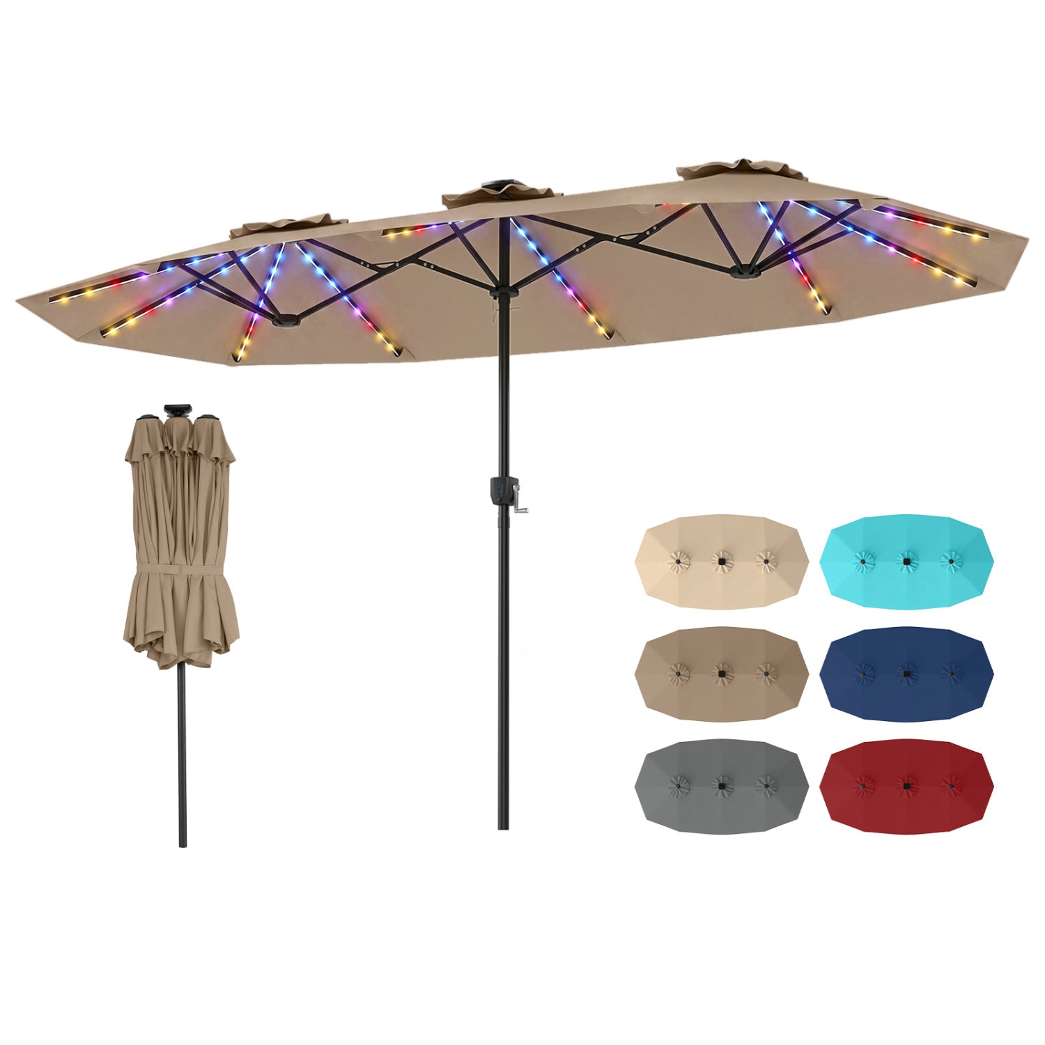 13 FT Double-Sided Patio Umbrella with Color-Changing Flowing Solar LED Lights, Brown Outdoor Umbrellas at Gallery Canada