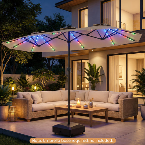 13 FT Double-Sided Patio Umbrella with Color-Changing Flowing Solar LED Lights, Brown