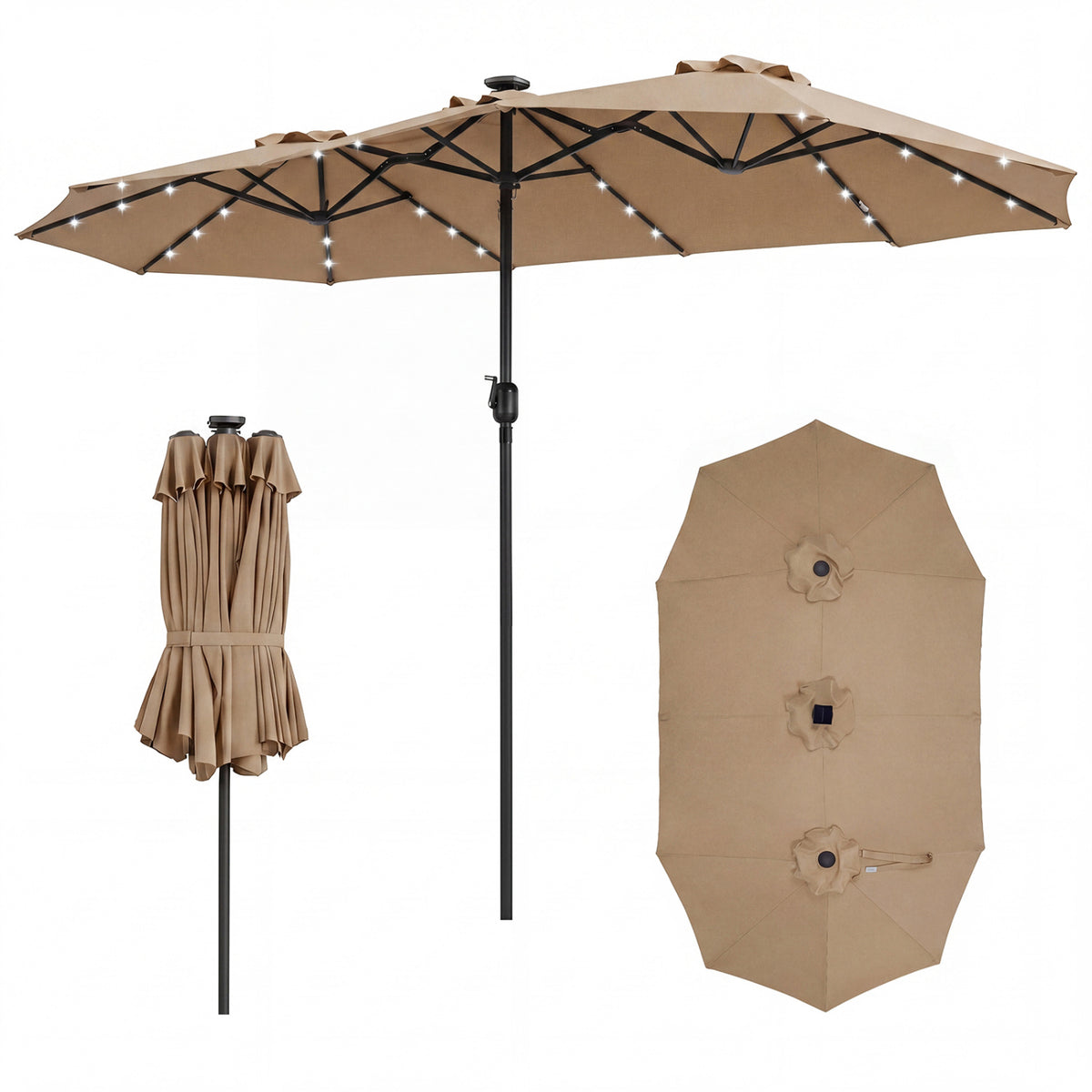 13 FT Double-Sided Patio Umbrella, 36 LED Lights, Tan Outdoor Umbrellas at Gallery Canada
