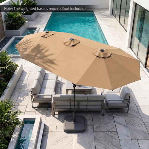 13 FT Double-Sided Patio Umbrella, 36 LED Lights, Tan