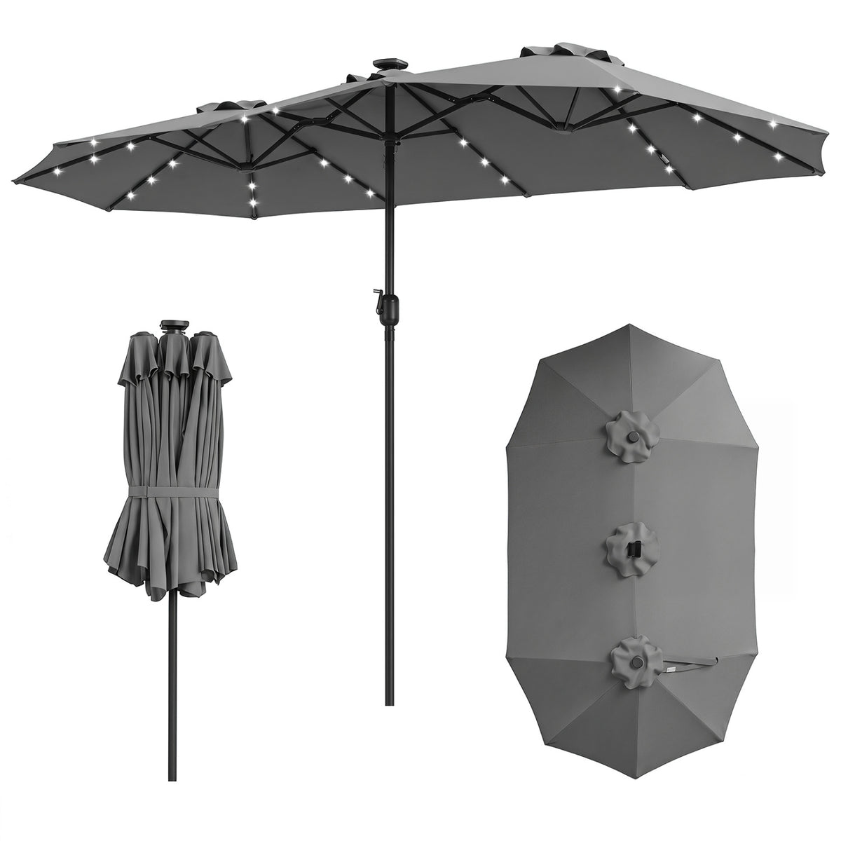 13 FT Double-Sided Patio Umbrella, 36 LED Lights, Gray Outdoor Umbrellas at Gallery Canada