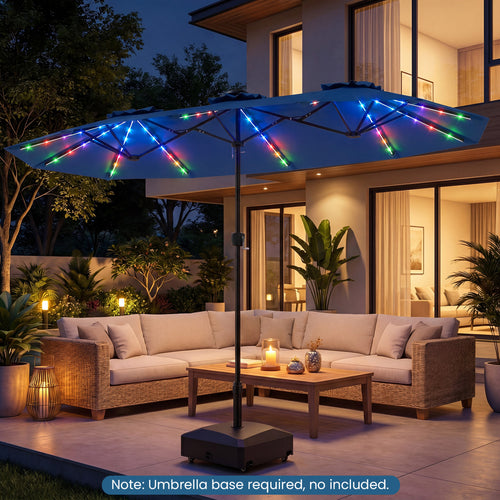 13 FT Double-Sided Patio Umbrella, Solar LED Lights, Navy