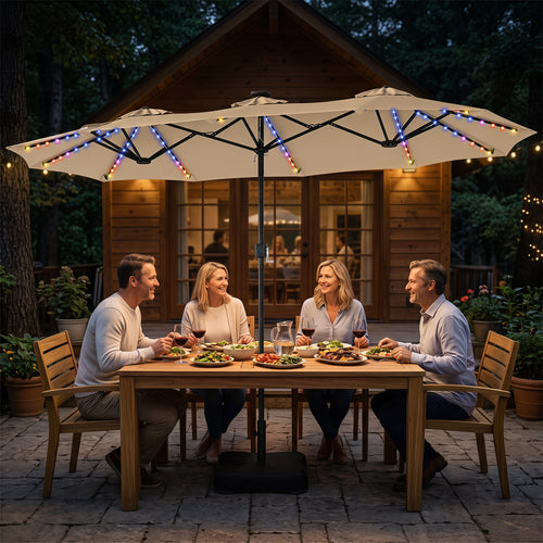 13 FT Double-Sided Patio Umbrella with 108 LED Lights and Base Included, Beige