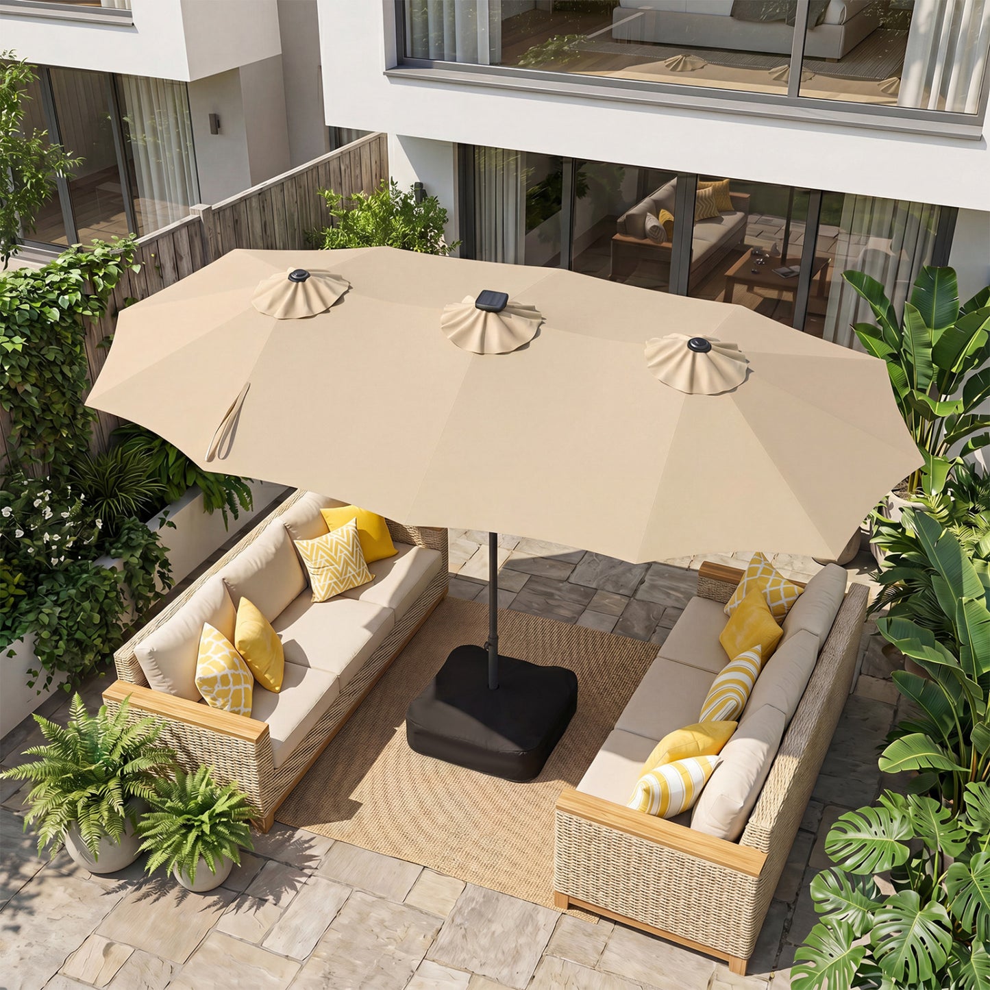 13 FT Double-Sided Patio Umbrella with 108 LED Lights and Base Included, Beige Outdoor Umbrellas at Gallery Canada