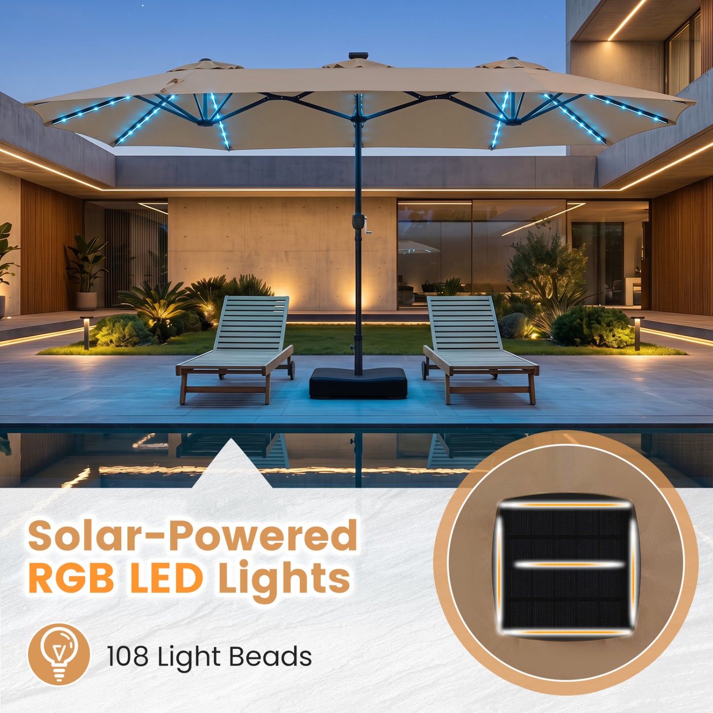 13 FT Double-Sided Patio Umbrella with 108 LED Lights and Base Included, Tan Outdoor Umbrellas at Gallery Canada