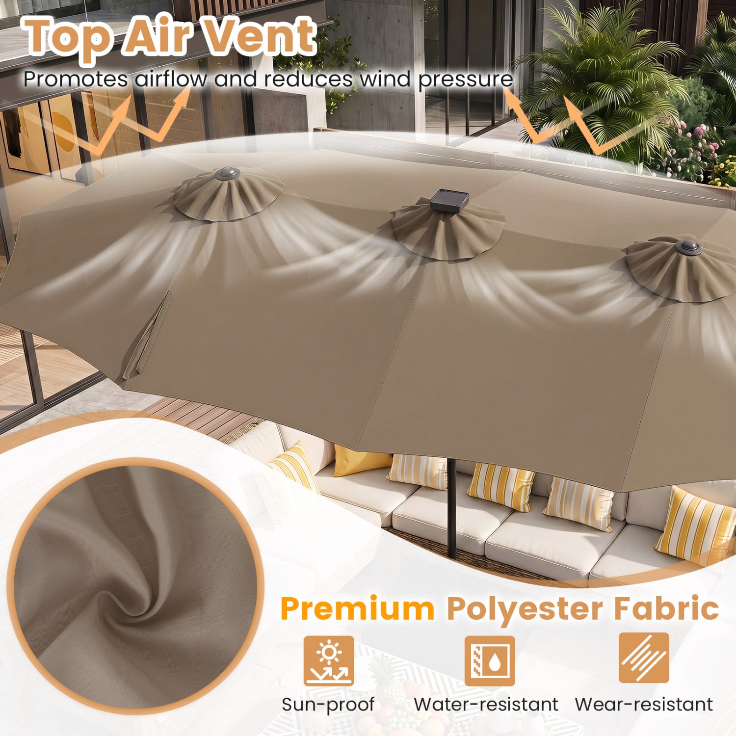 13 FT Double-Sided Patio Umbrella with 108 LED Lights and Base Included, Tan Outdoor Umbrellas at Gallery Canada