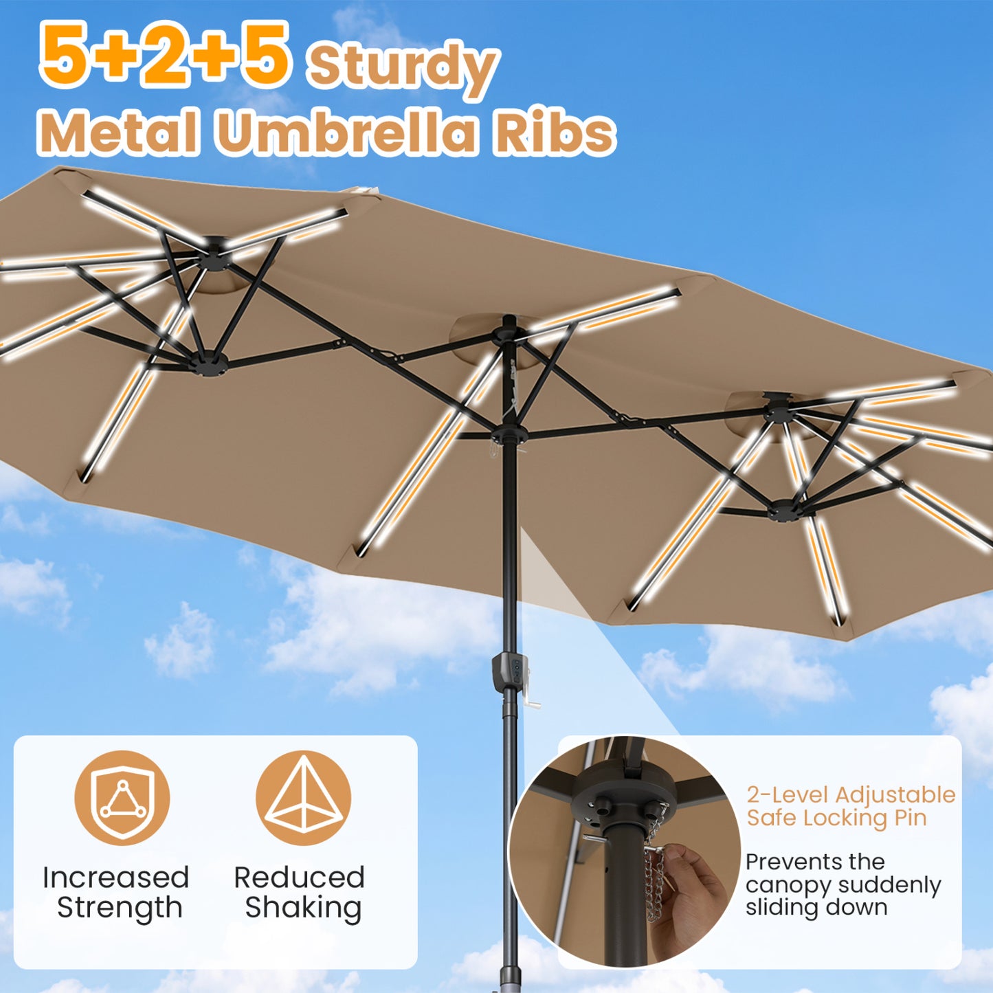 13 FT Double-Sided Patio Umbrella with 108 LED Lights and Base Included, Tan Outdoor Umbrellas at Gallery Canada