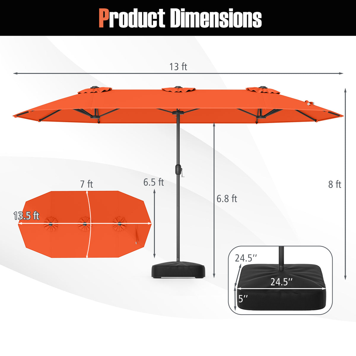 13 Feet Double-Sided Patio Umbrella, Crank Handle, Orange Outdoor Umbrellas at Gallery Canada