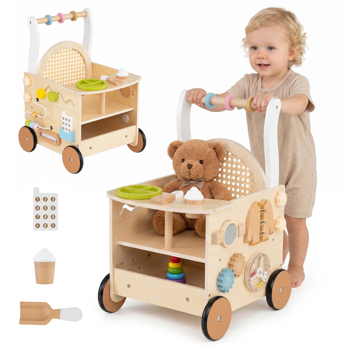 13-In-1 Toddler Wooden Push Walker, Wheels, Storage Baby Gyms & Playmats Natural at Gallery Canada