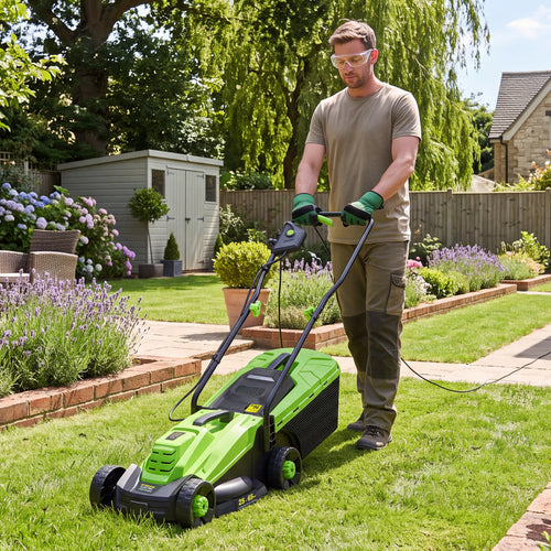 13-Inch 12-Amp Corded Lawn Mower, 3-Height Adjustment, Green