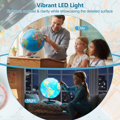13 Inch Illuminated World Globe, 720° Rotating Map, LED Light, Blue Learning Toys at Gallery Canada