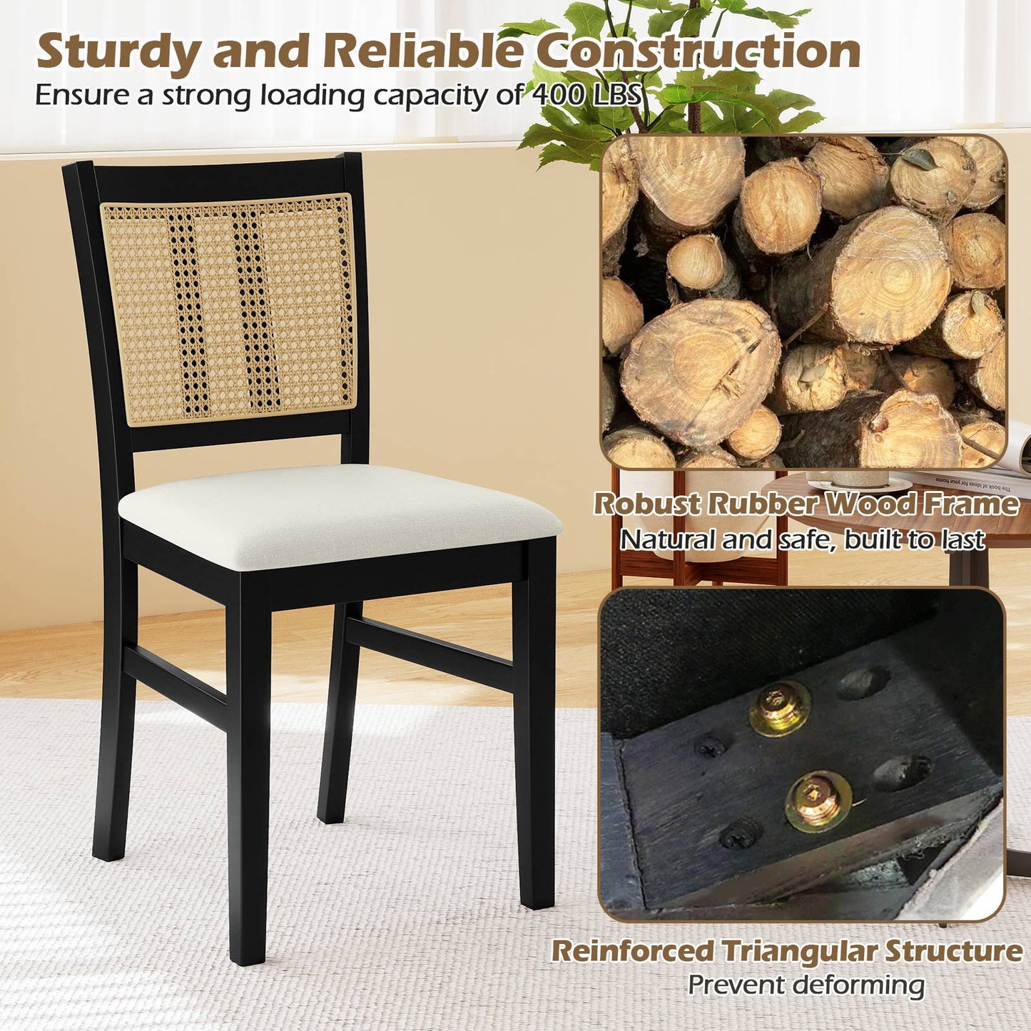 Farmhouse Rattan Dining Chair Set, 2 Pack, Rubber Wood Legs, Beige Dining Chairs at Gallery Canada