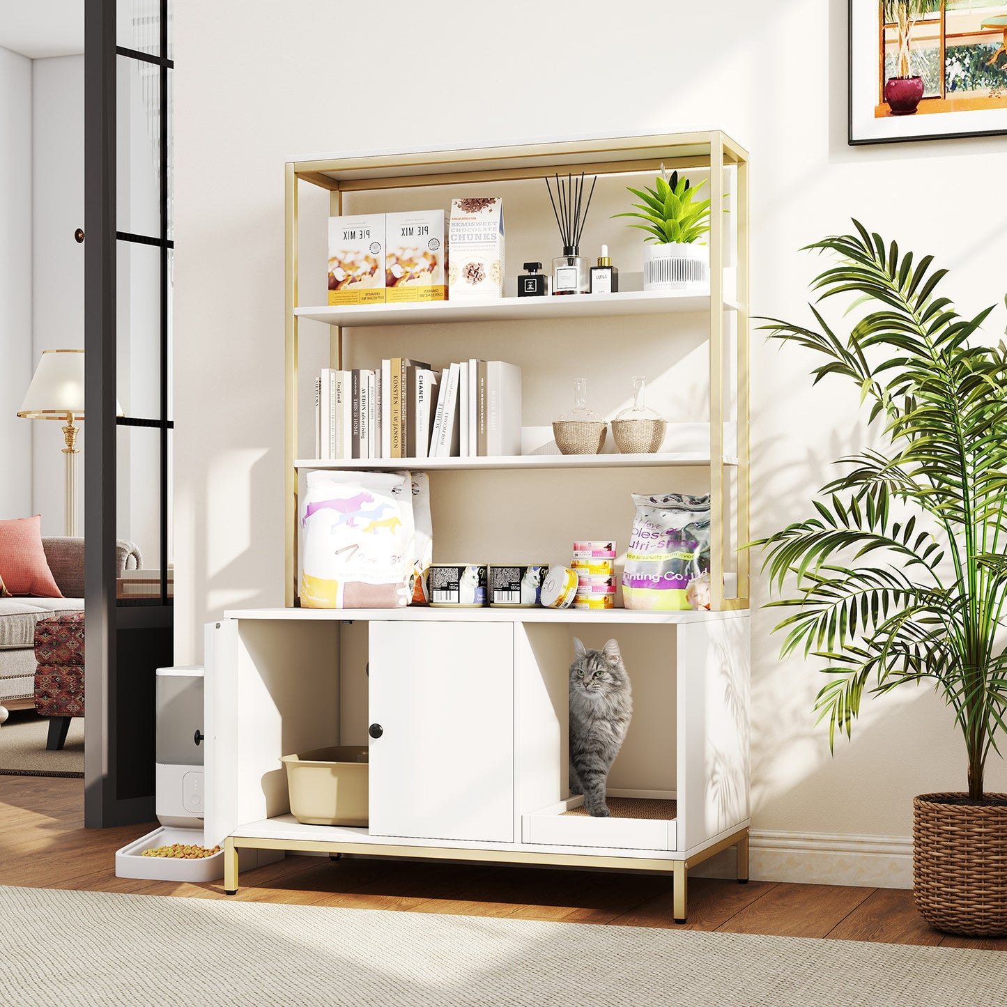 57 Inch Cat Litter Box Enclosure, Storage, Removable Scratcher, White Cat Houses at Gallery Canada