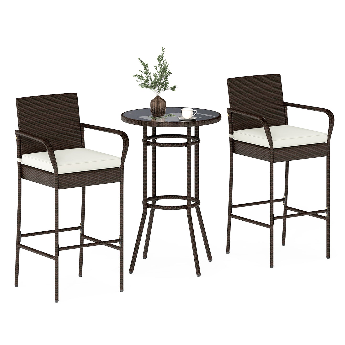Rattan Bar Height Table And Chairs, 2 Seat Cushions, White Patio Bar Furniture at Gallery Canada