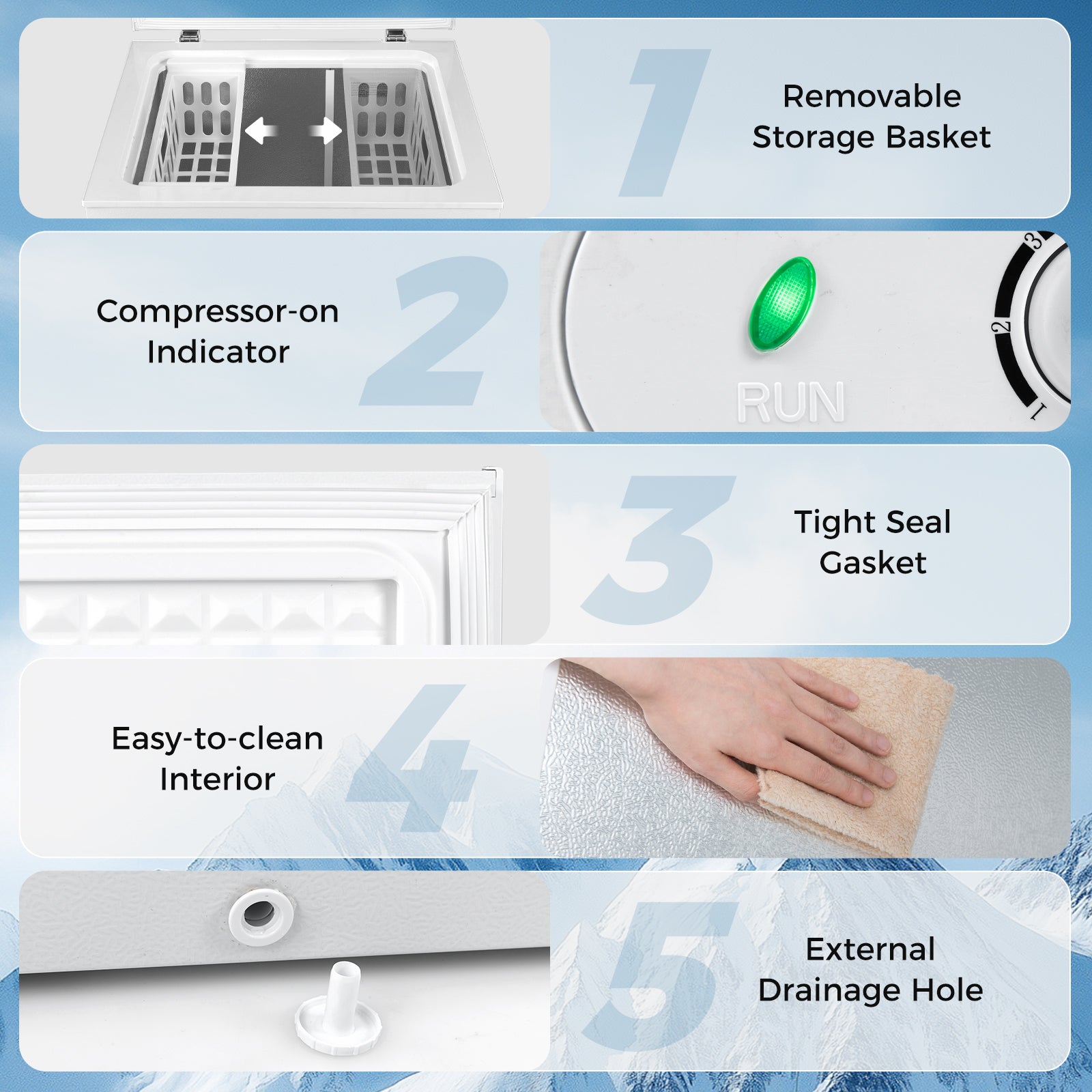Compact Chest Freezer, 5 Cu.Ft, 7-Gear Adjustable Temperature, White Freezers at Gallery Canada