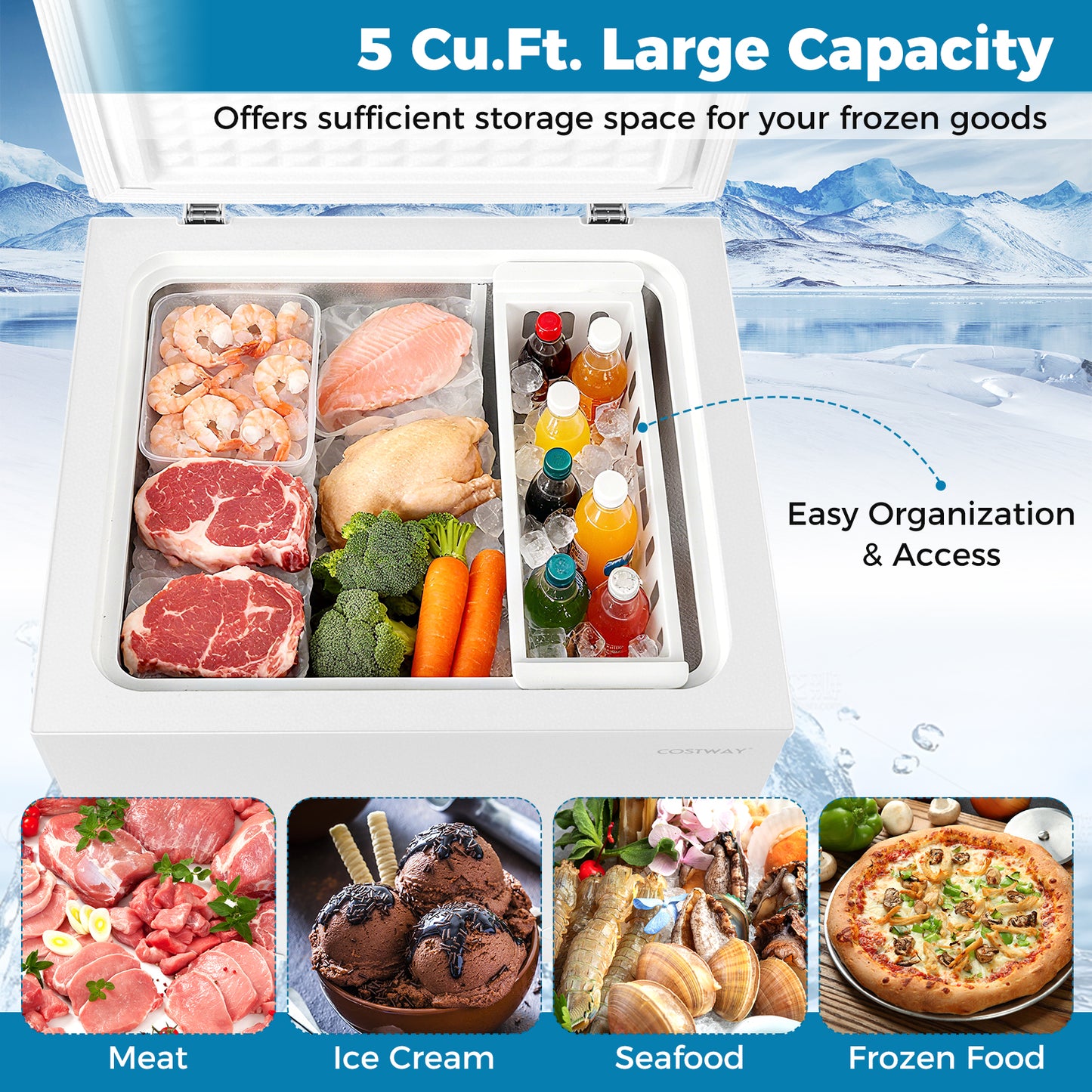 Compact Chest Freezer, 5 Cu.Ft, 7-Gear Adjustable Temperature, White Freezers at Gallery Canada