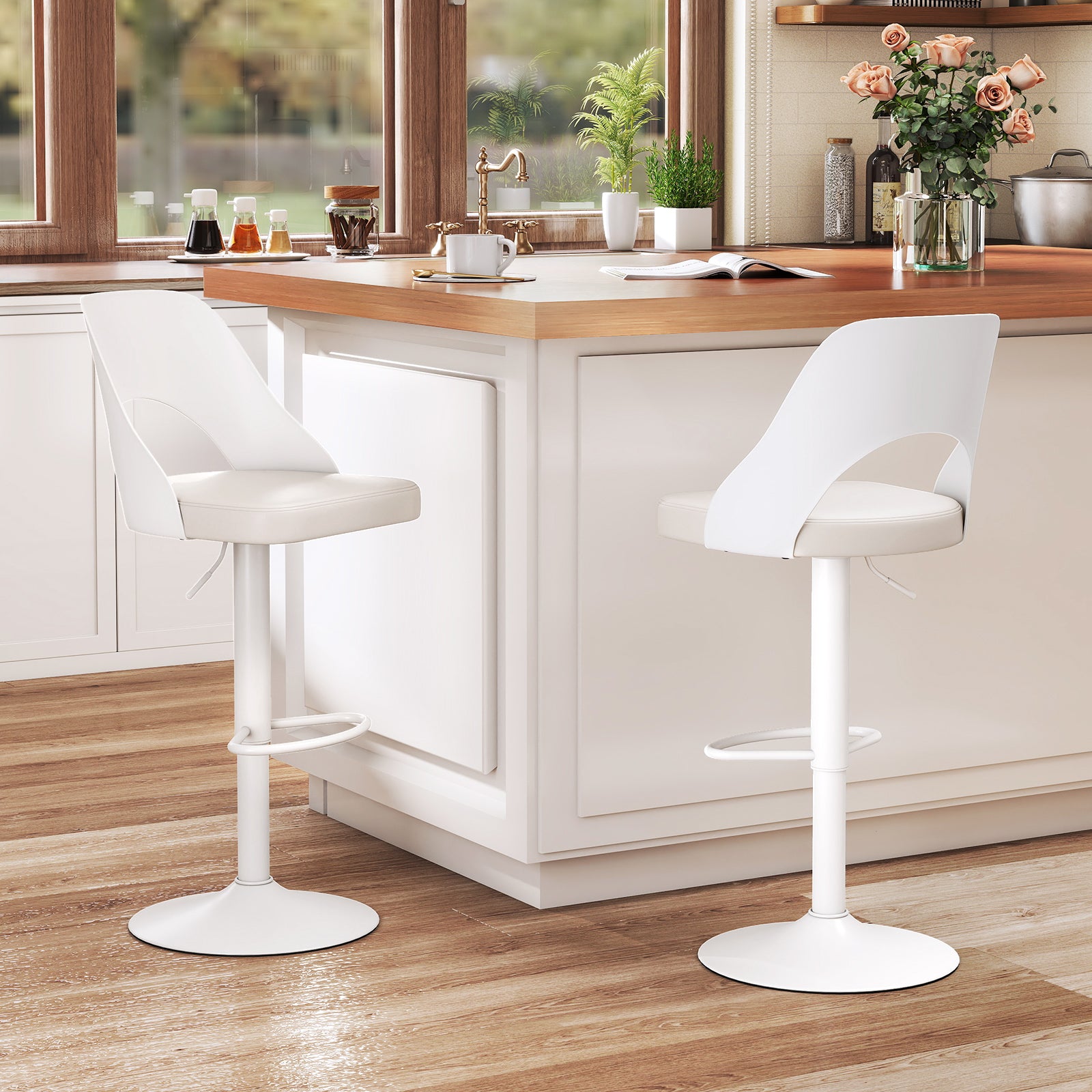 Bar Stools Set Of 2, Enlarged PU Leather Seat With Footrest, White Bar Stools at Gallery Canada