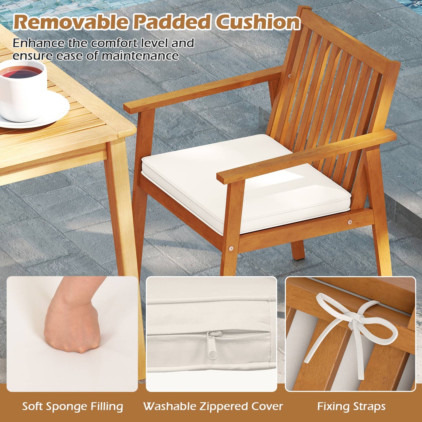 2 Acacia Wood Patio Dining Chairs, Removable Padded Cushion, Natural Patio Dining Chairs at Gallery Canada