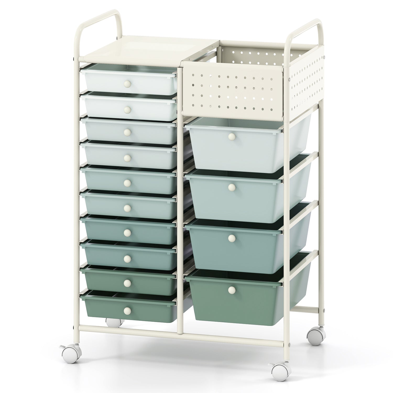 14-Drawer Rolling Storage Cart, Metal Tabletop, Pegboard, Green File Cabinets at Gallery Canada