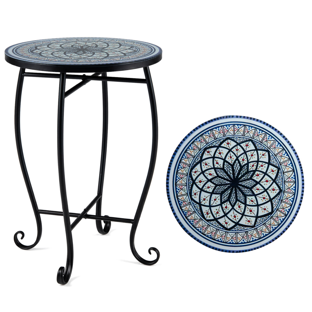14" Floral Clover/Blooming Lotus/Bright Sunflower Mosaic Patio Accent Coffee End Table, White Patio Coffee Tables at Gallery Canada