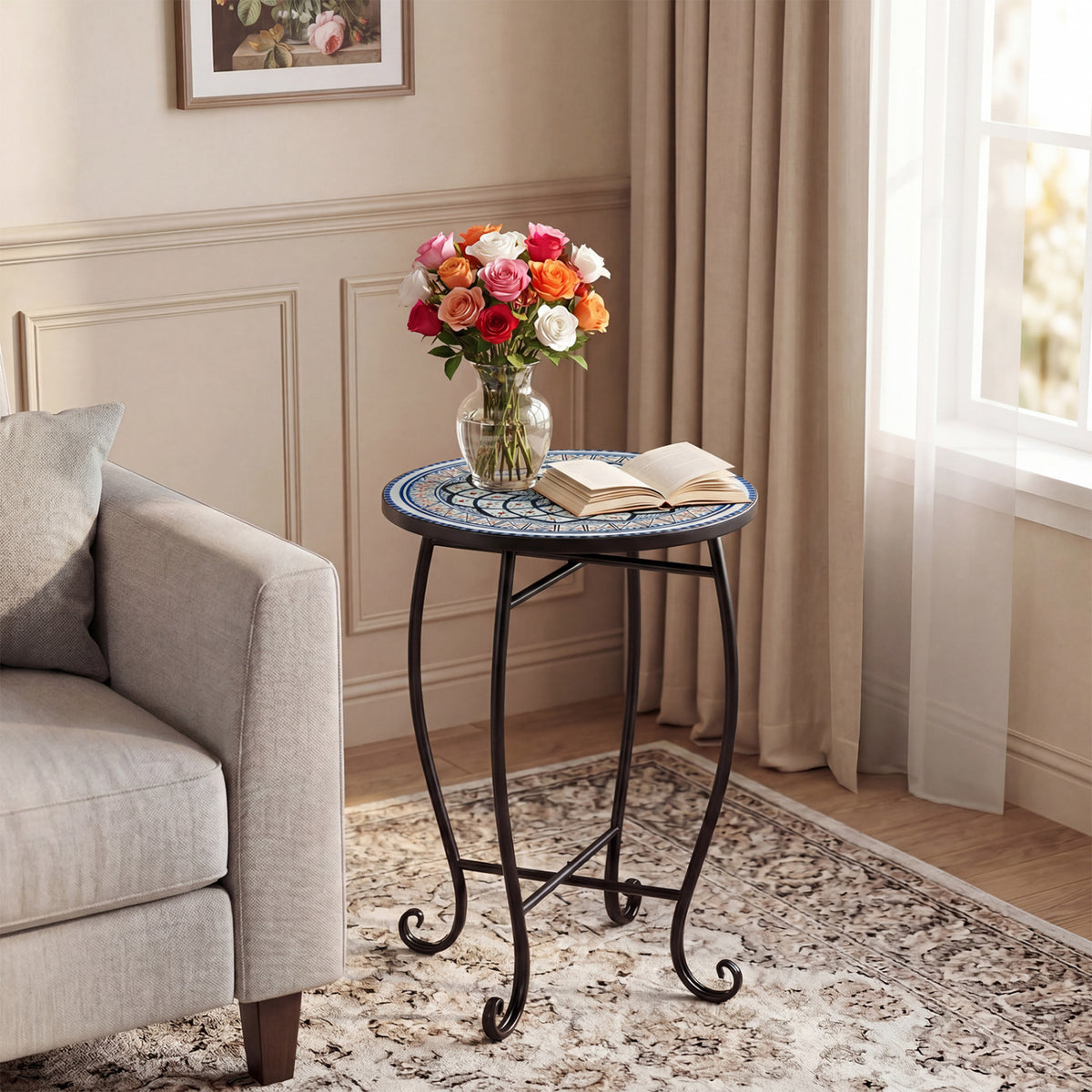 14" Floral Clover/Blooming Lotus/Bright Sunflower Mosaic Patio Accent Coffee End Table, White Patio Coffee Tables at Gallery Canada