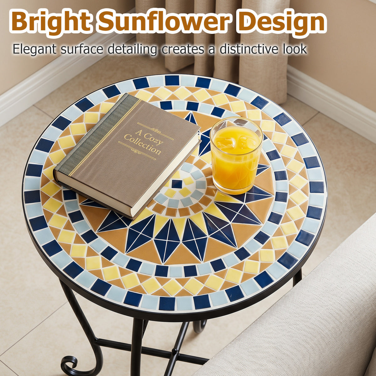 14" Floral Clover/Blooming Lotus/Bright Sunflower Mosaic Patio Accent Coffee End Table, Yellow Patio Coffee Tables at Gallery Canada