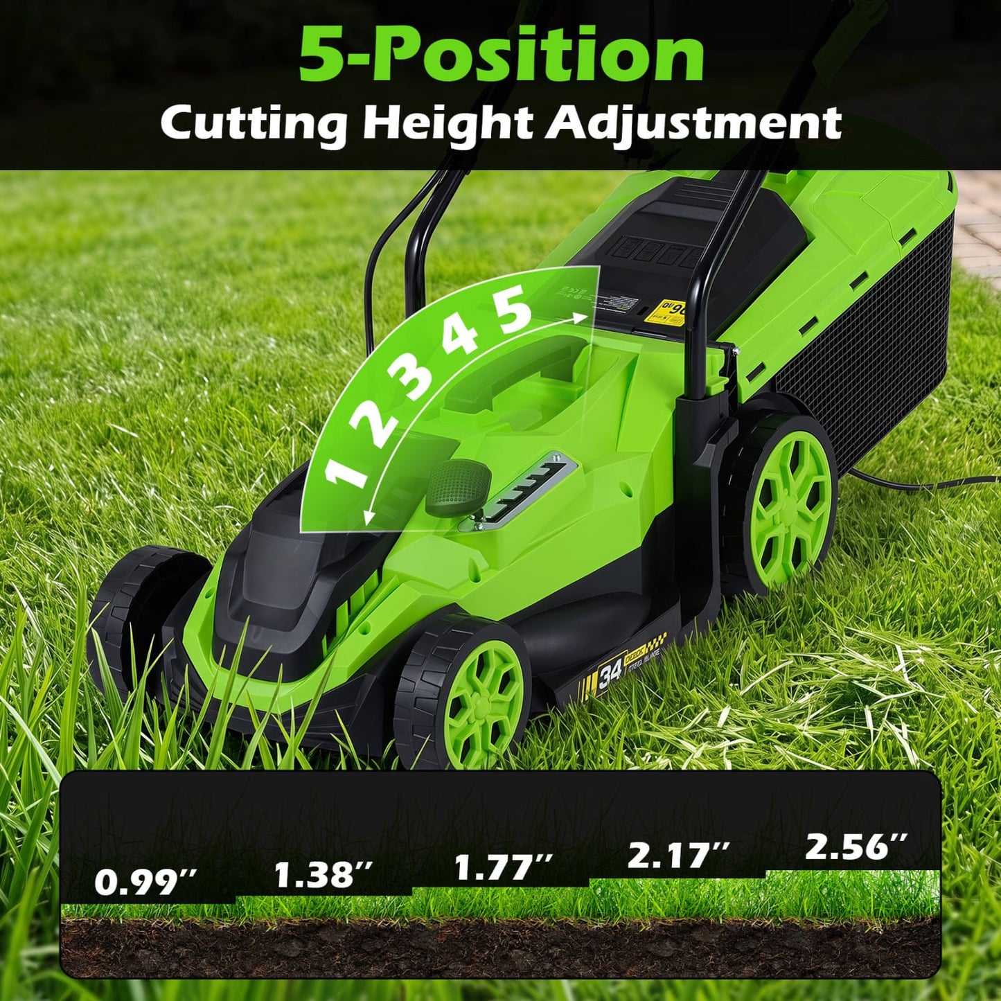 14-Inch 12-Amp Corded Electric Lawn Mower, 5-Position, Green
