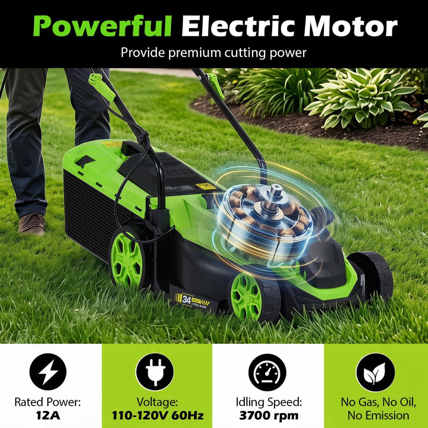 14-Inch 12-Amp Corded Electric Lawn Mower, 5-Position, Green