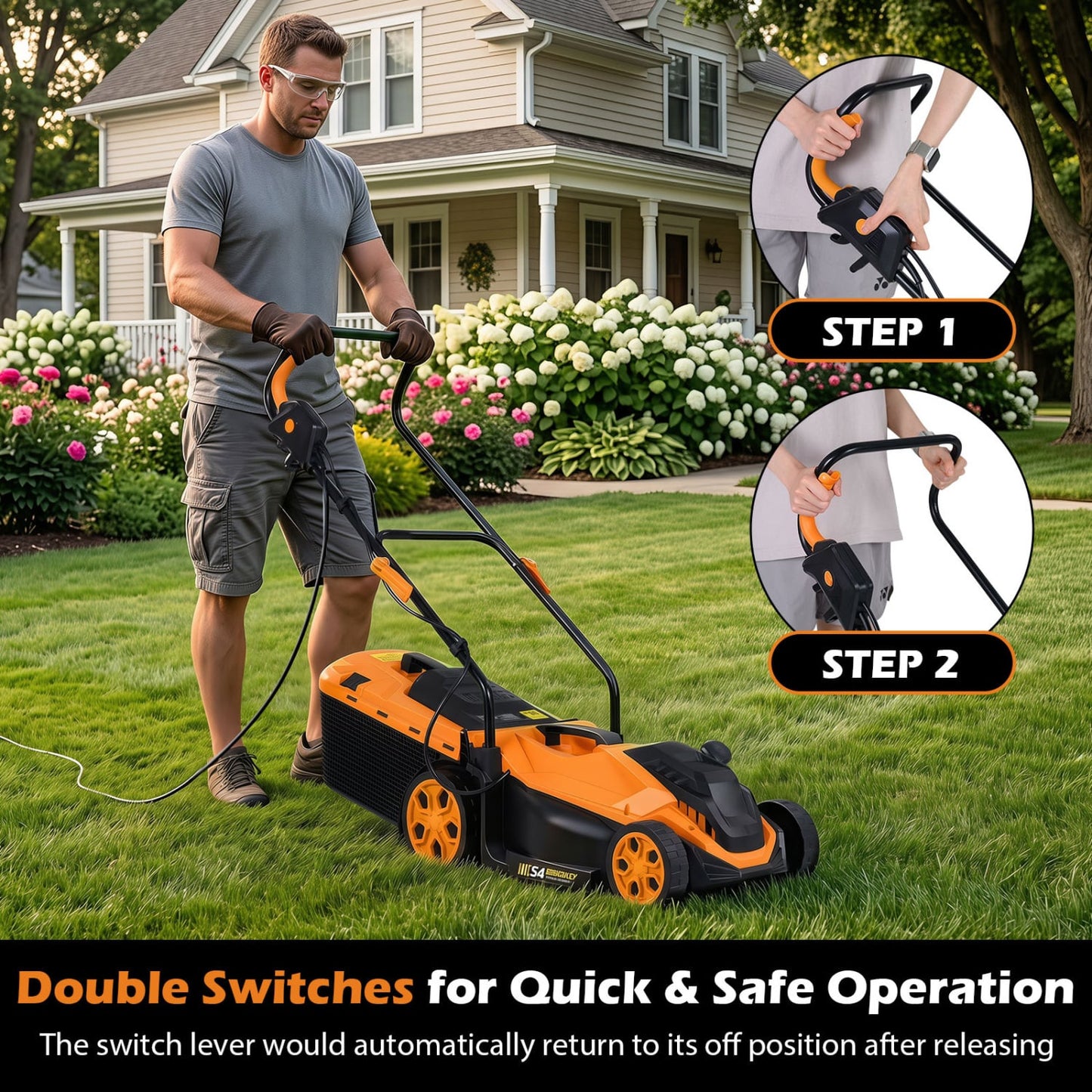 14-Inch 12-Amp Corded Lawn Mower, 5-Position Height, Orange