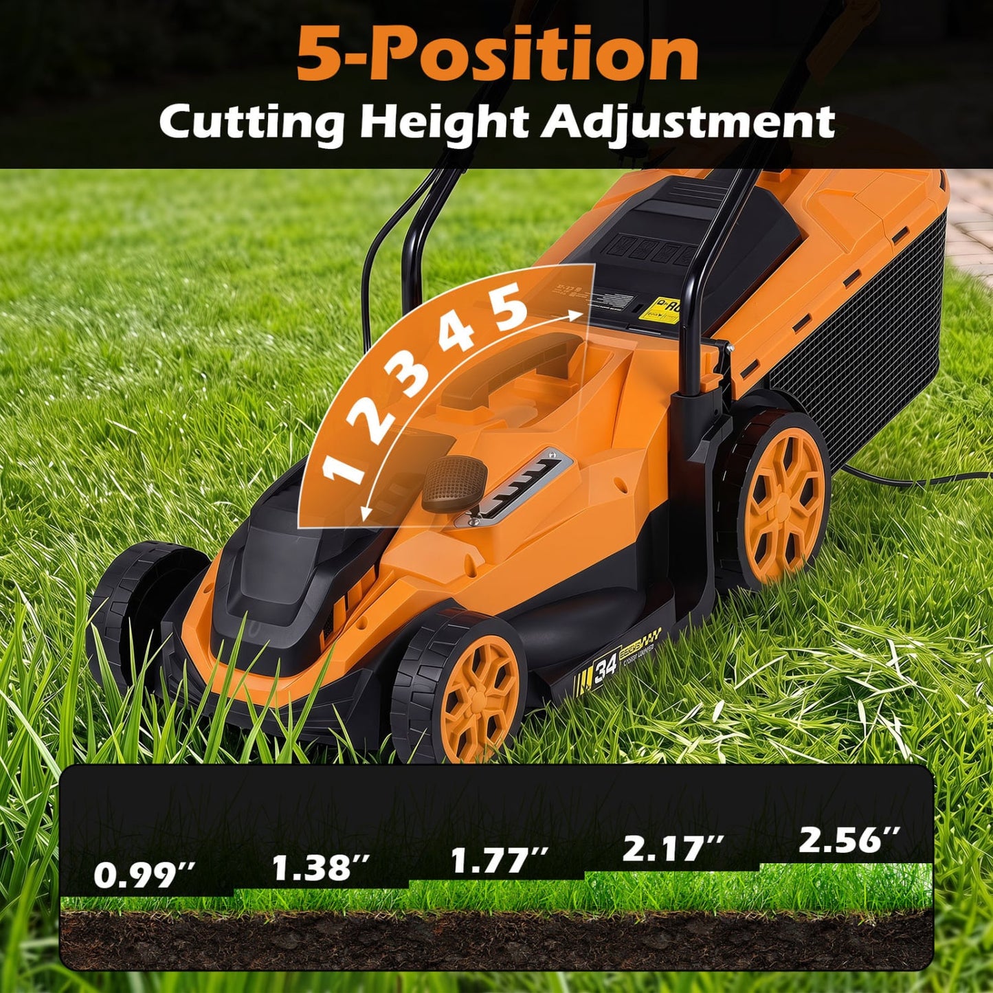 14-Inch 12-Amp Corded Lawn Mower, 5-Position Height, Orange