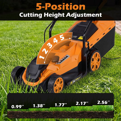 14-Inch 12-Amp Corded Lawn Mower, 5-Position Height, Orange