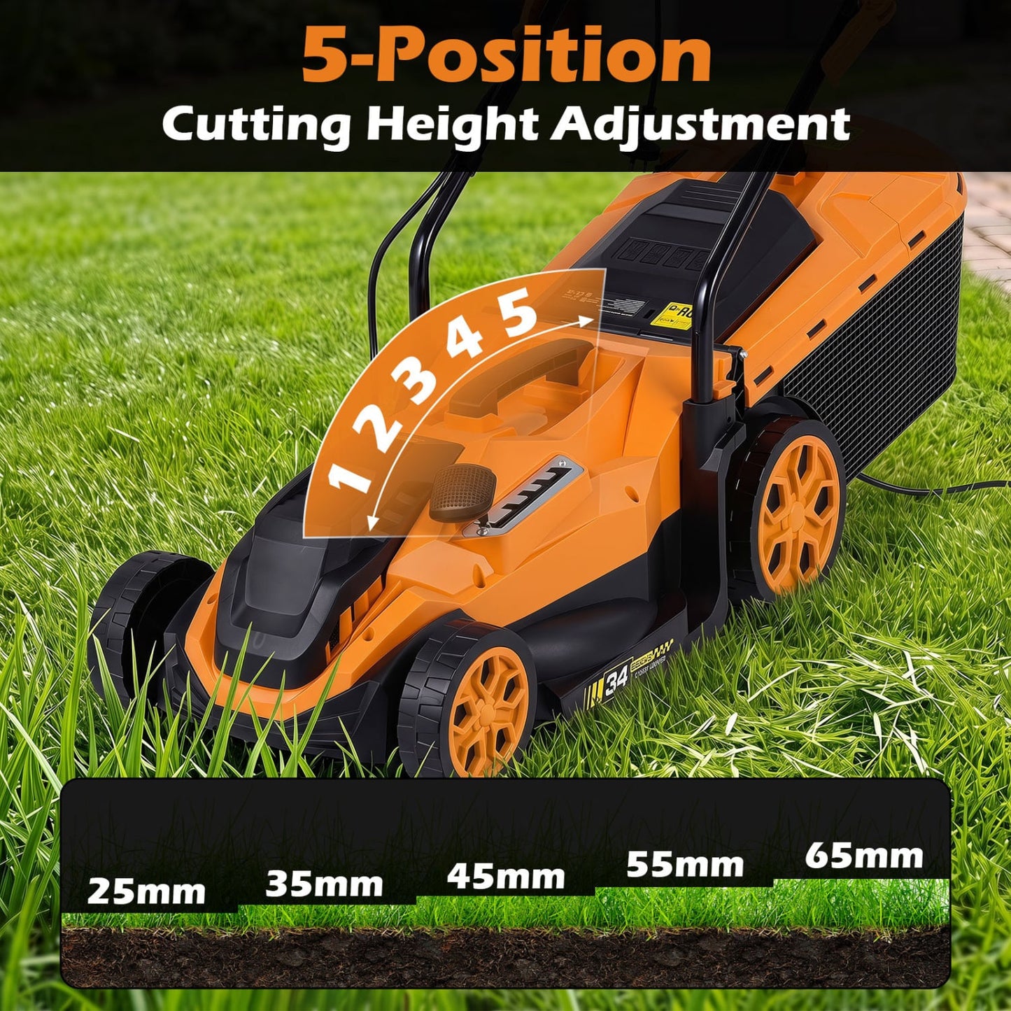 14-Inch 12-Amp Corded Lawn Mower, 5-Position Height, Orange