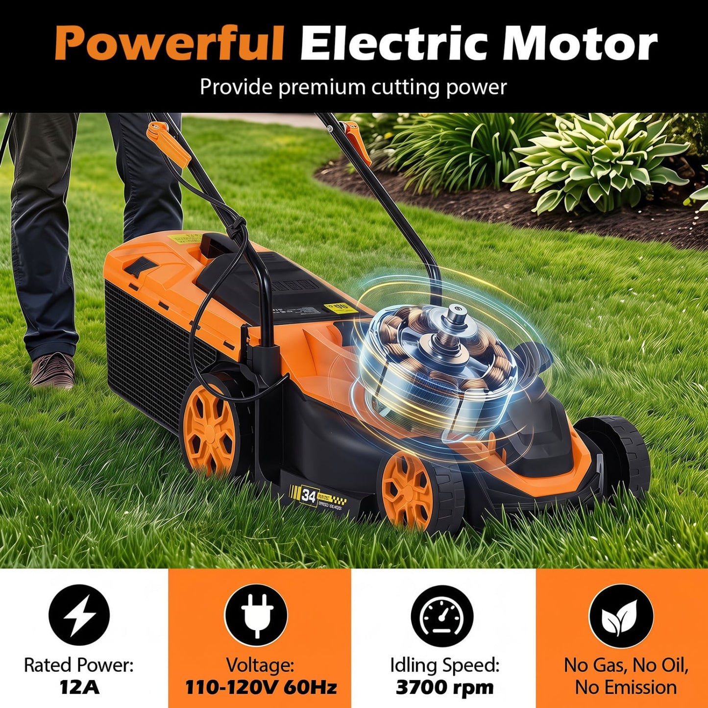 14-Inch 12-Amp Corded Lawn Mower, 5-Position Height, Orange