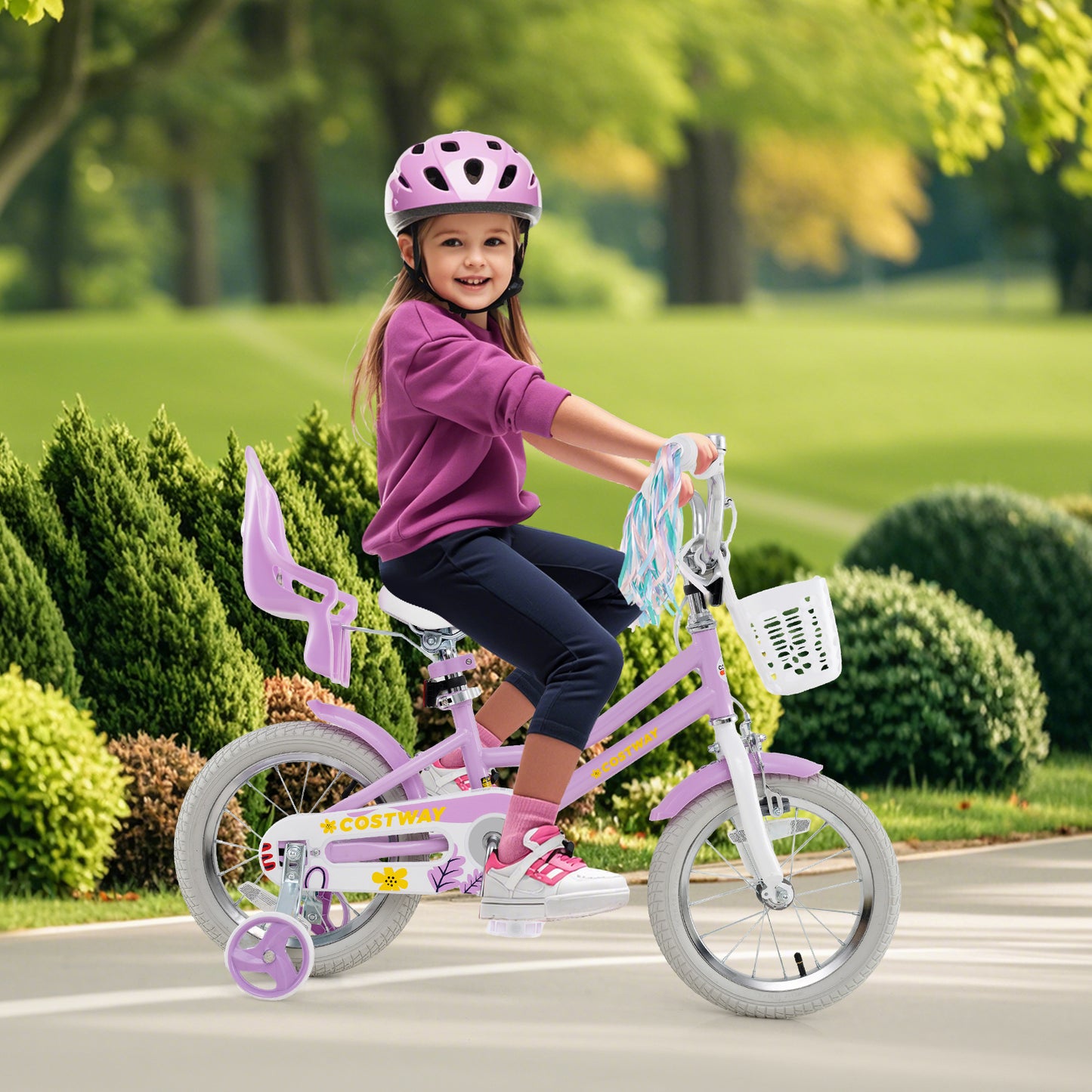 14 Inch Girls Bike, Doll Seat, Streamers, Kids 3-5 Years, Purple Kids Bike at Gallery Canada