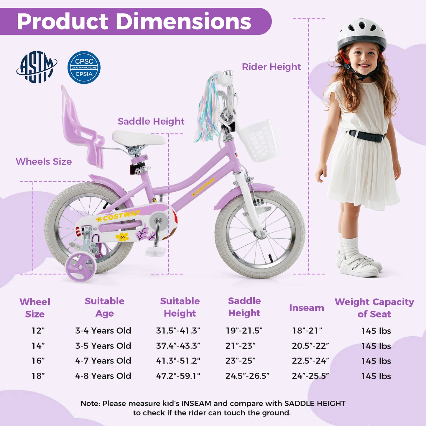 14 Inch Girls Bike, Doll Seat, Streamers, Kids 3-5 Years, Purple Kids Bike at Gallery Canada