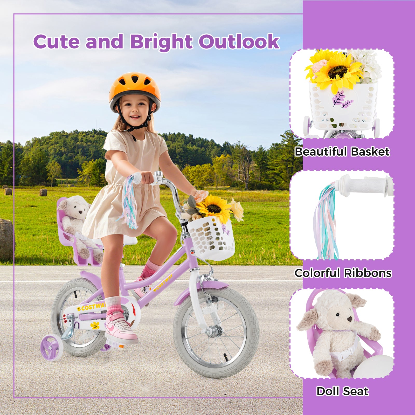 14 Inch Girls Bike, Doll Seat, Streamers, Kids 3-5 Years, Purple Kids Bike at Gallery Canada