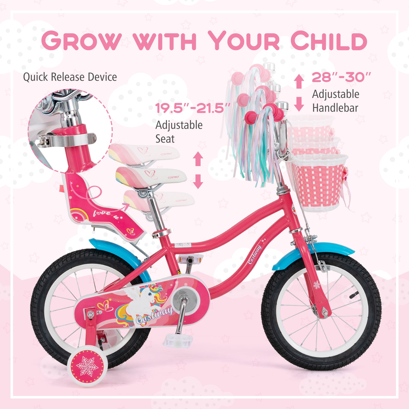 14 Inch Girls Bike, For 3-5 Years Old, With Doll Seat And Training Wheels, Pink Kids Bike at Gallery Canada