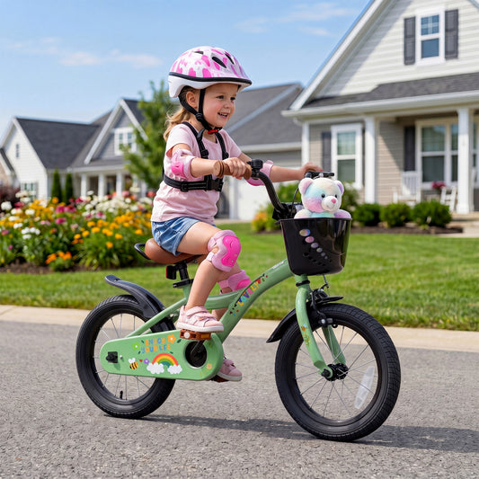 14 Inch Girls Bike with Basket, Green Kids Bike Green at Gallery Canada