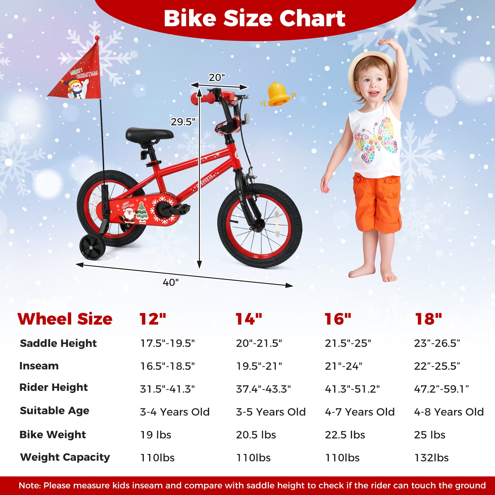 14 Inch Kids Bike Adjustable with Christmas Music & Flag for Aged 4-5 Years Old, Red Kids Bike at Gallery Canada