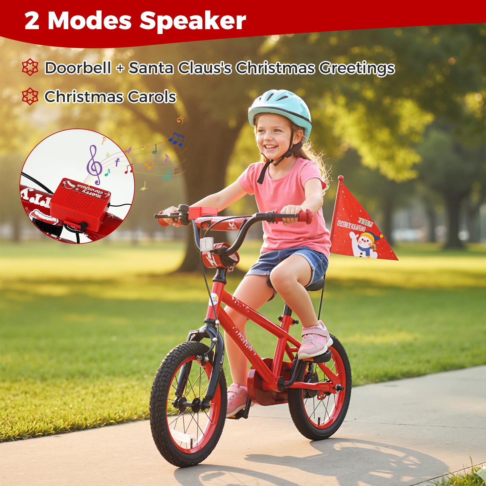 14 Inch Kids Bike Adjustable with Christmas Music & Flag for Aged 4-5 Years Old, Red Kids Bike at Gallery Canada