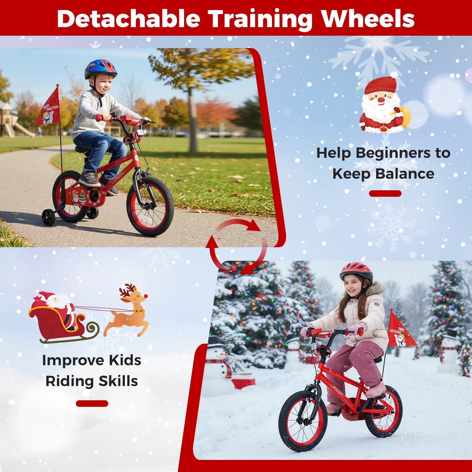 14 Inch Kids Bike Adjustable with Christmas Music & Flag for Aged 4-5 Years Old, Red Kids Bike at Gallery Canada