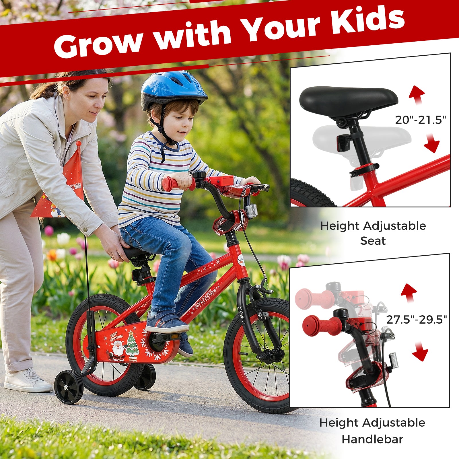 14 Inch Kids Bike Adjustable with Christmas Music & Flag for Aged 4-5 Years Old, Red Kids Bike at Gallery Canada