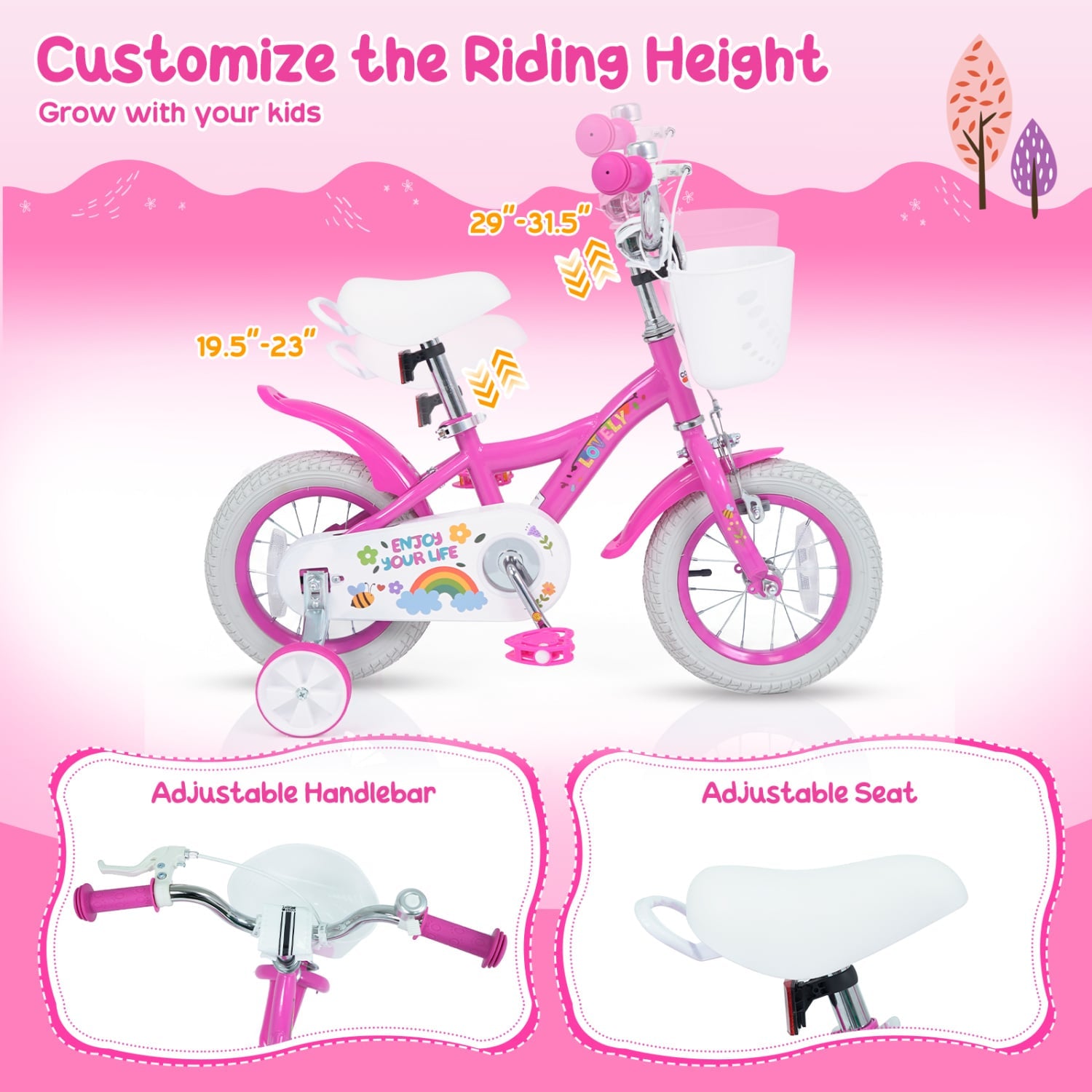 14 Inches Girls Bike for 3-5 Years, Basket, Pink Kids Bike at Gallery Canada
