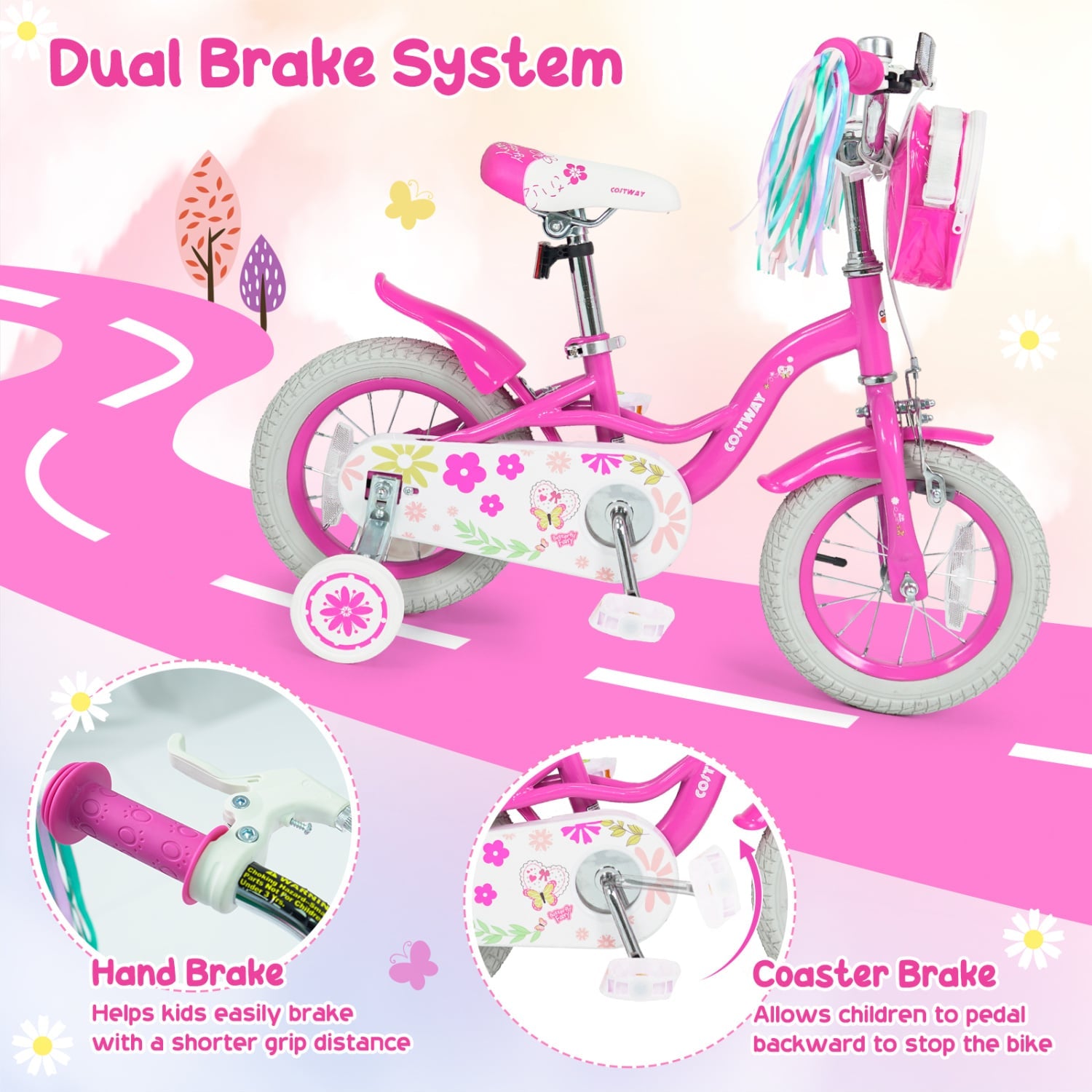 14 Inch Girls Bike, 3-5 Years, Front Bag & Streamers, Pink Kids Bike at Gallery Canada