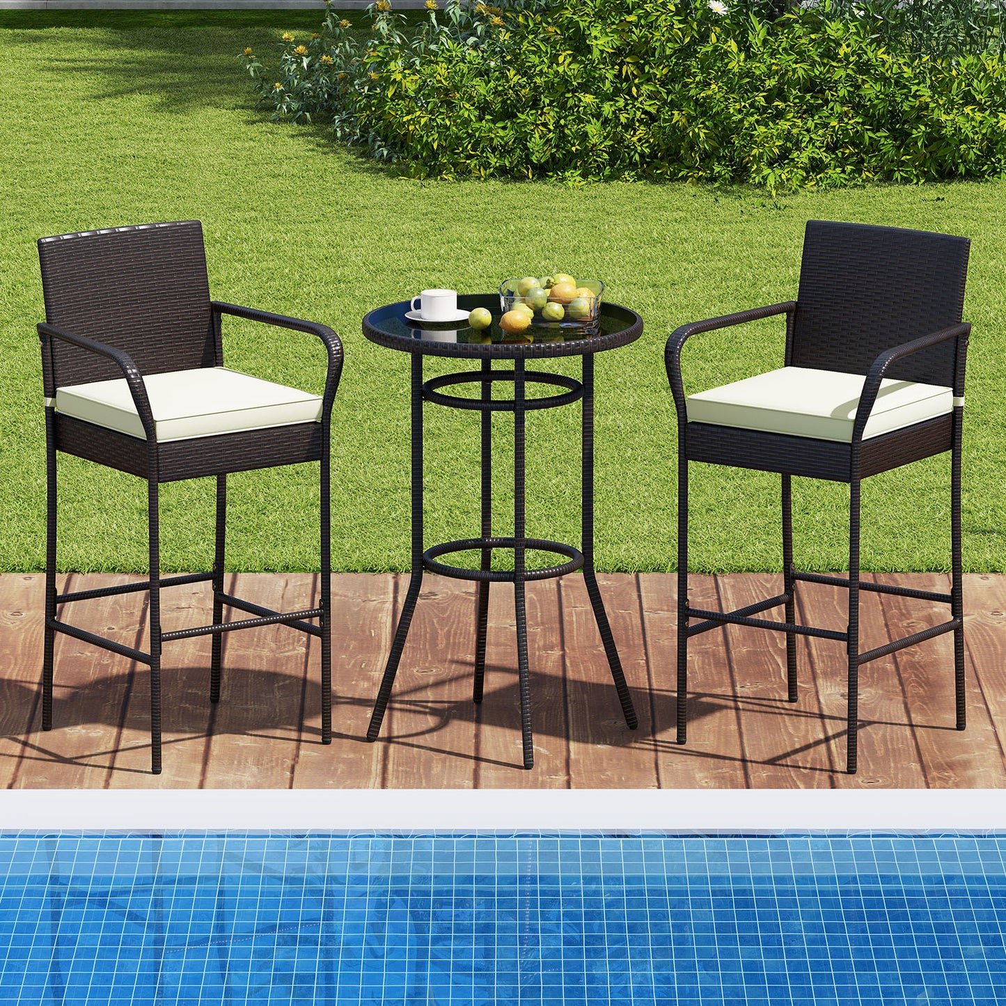 Rattan Bar Height Table And Chairs, 2 Seat Cushions, White Patio Bar Furniture at Gallery Canada